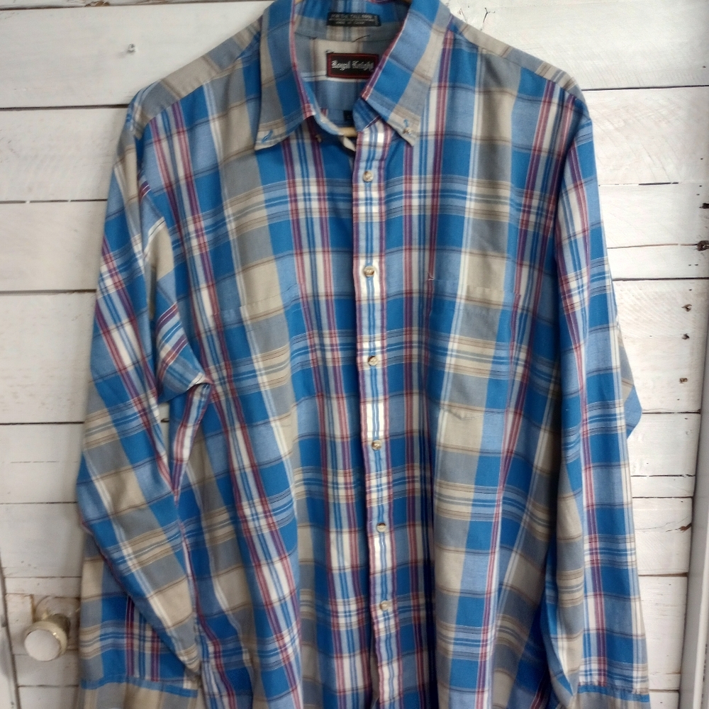 80s Royal Knight Blue Plaid Long Sleeve Grunge Streetwear Shirt Size LT Vintage.
